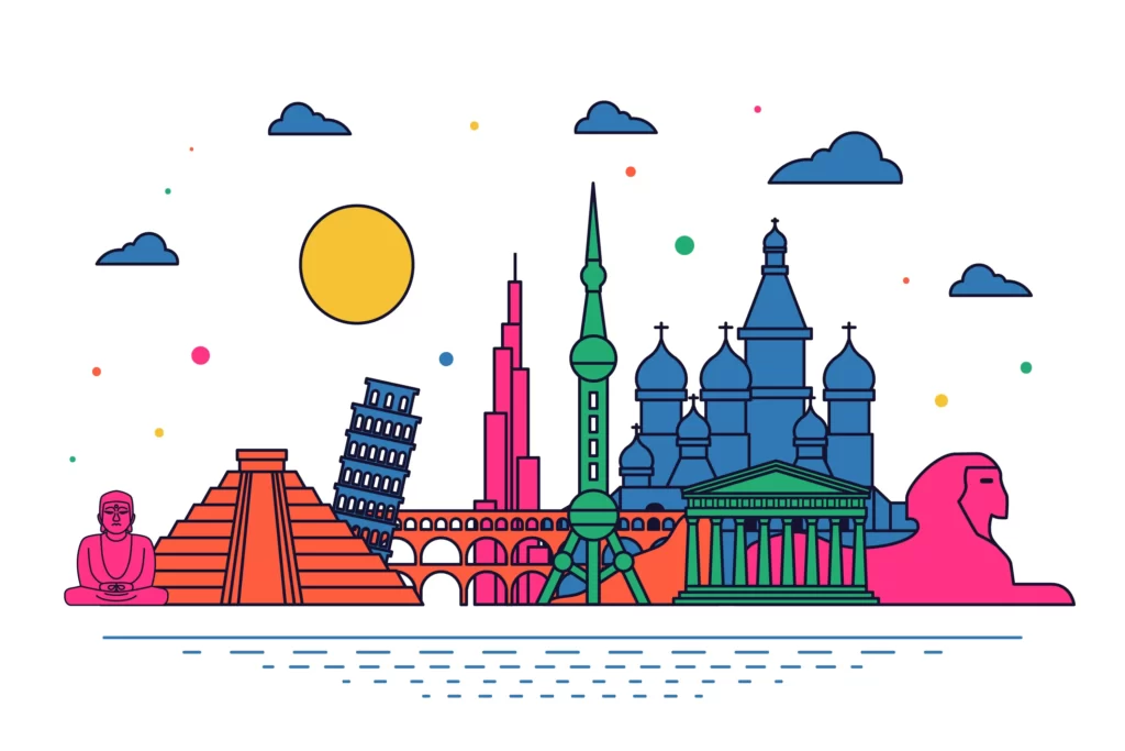 Illustrations or icons showing traditions in various countries.