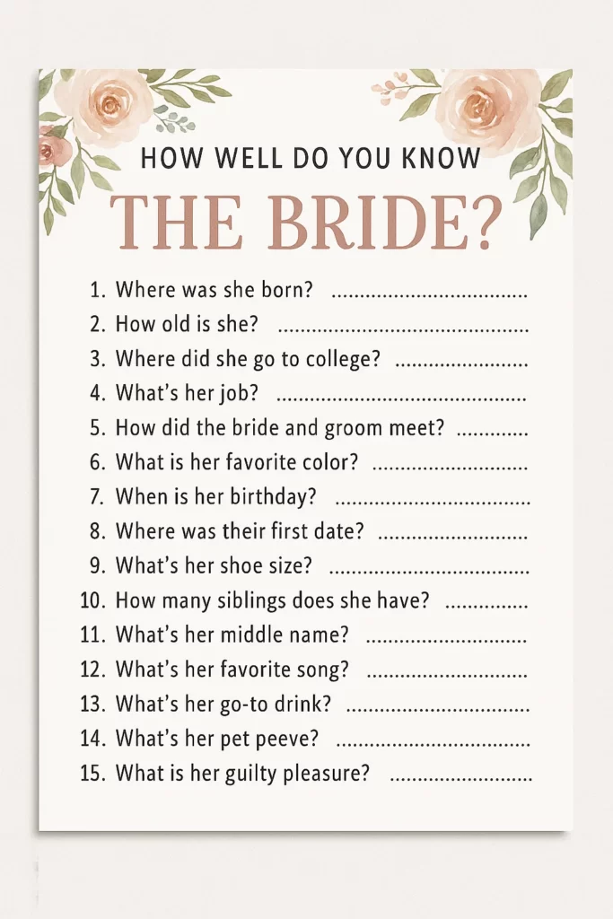 Fun bridal shower games ideas like “How Well Do You Know the Bride?” trivia
