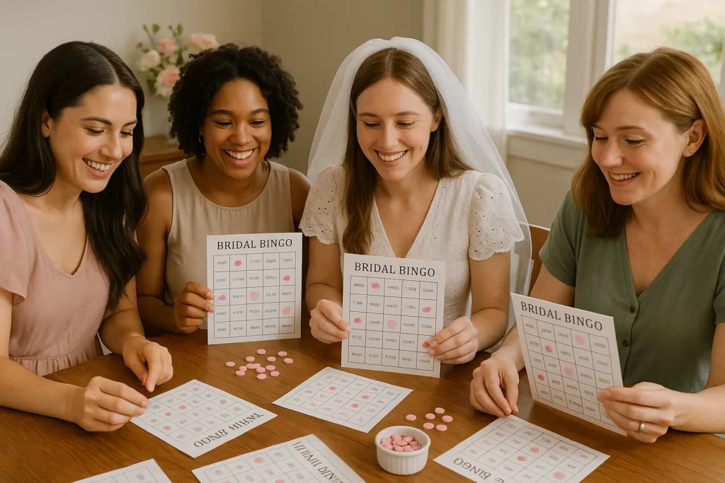  Guests enjoying exciting bridal shower games like bridal bingo