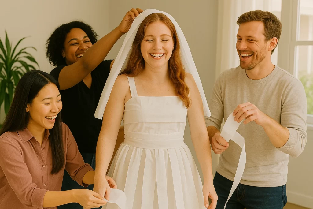 Famous bridal shower games such as the toilet paper dress challenge