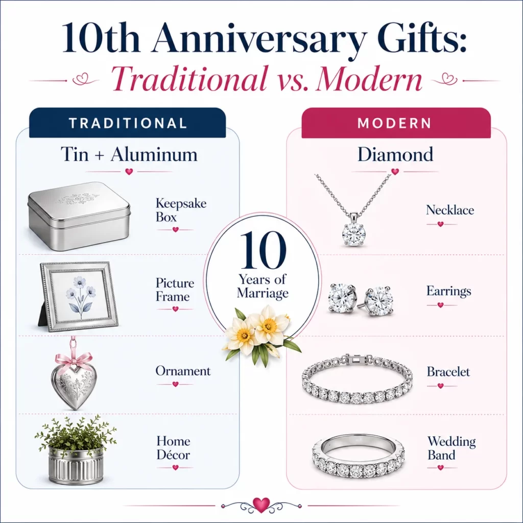 Infographic comparing traditional tin and aluminum with modern diamond 10th anniversary gifts
