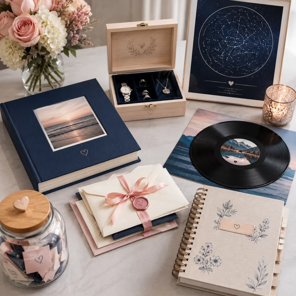Personalized 10th anniversary gifts including photo album and engraved keepsakes