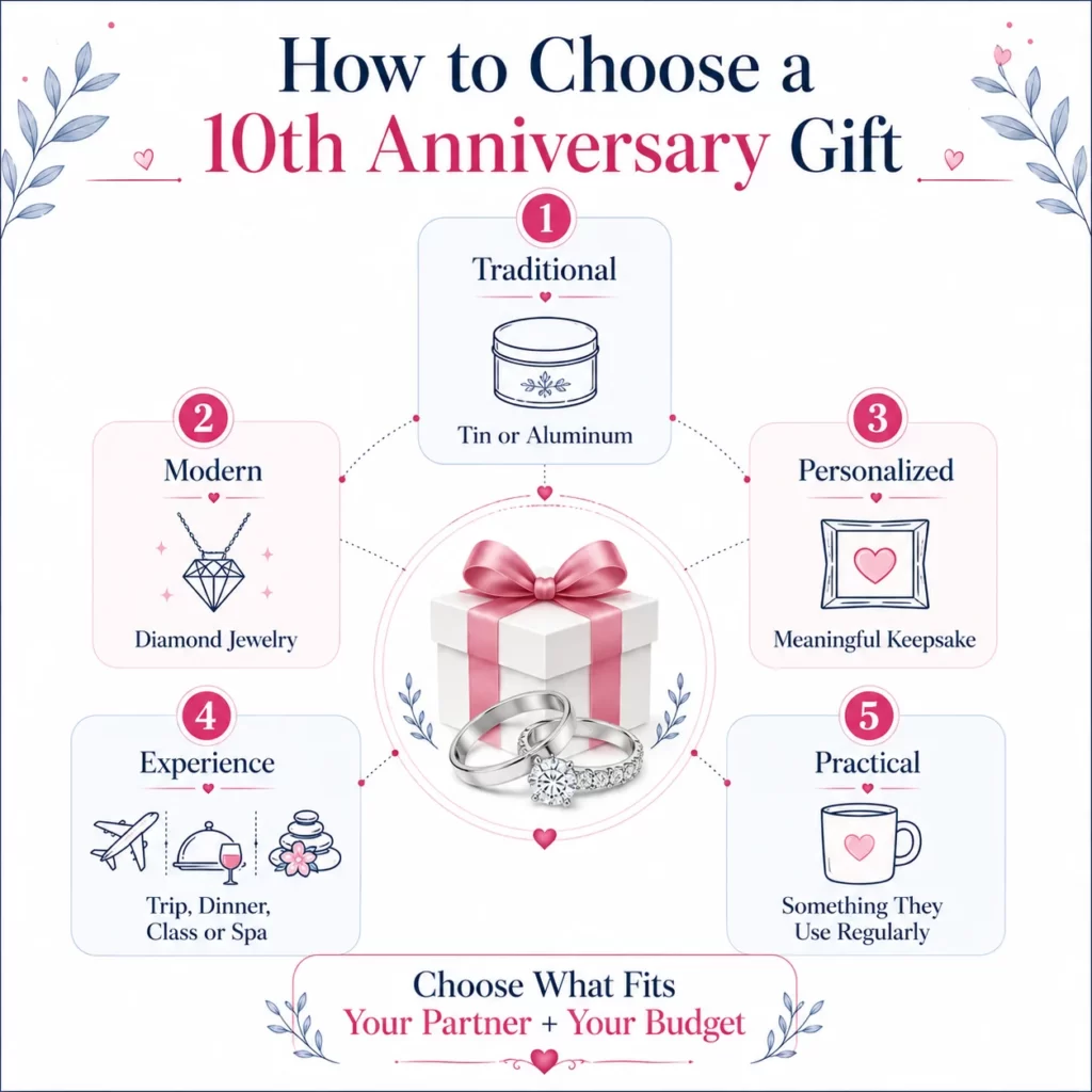 Decision guide for choosing a traditional, modern, personalized, experience, or practical anniversary gift