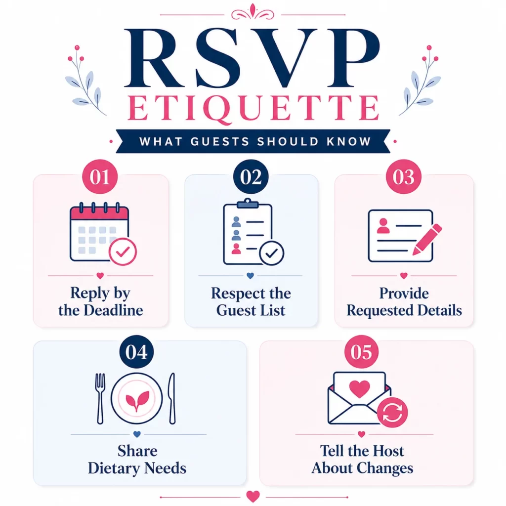 RSVP etiquette infographic showing five rules for event guests