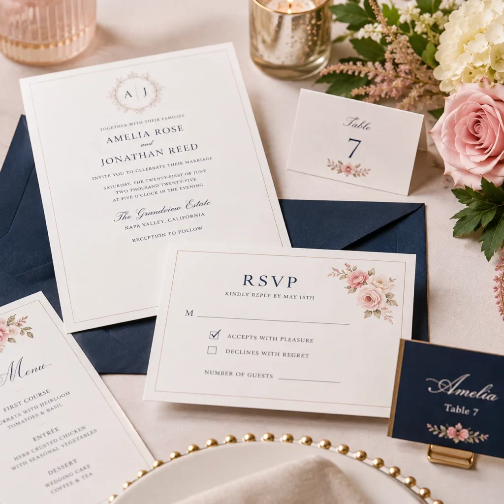 Wedding invitation and RSVP card on an elegant stationery table