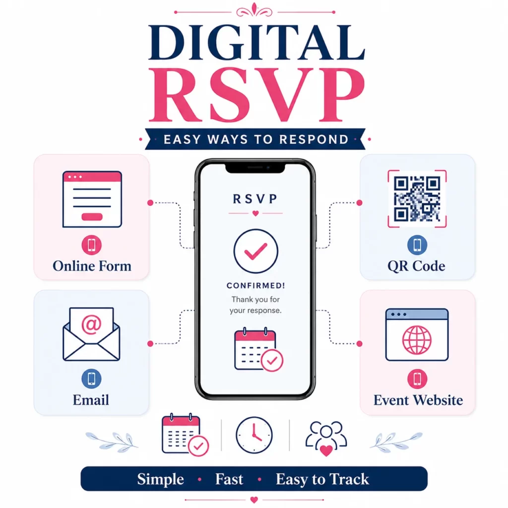 Infographic showing four digital RSVP methods including QR codes and online forms