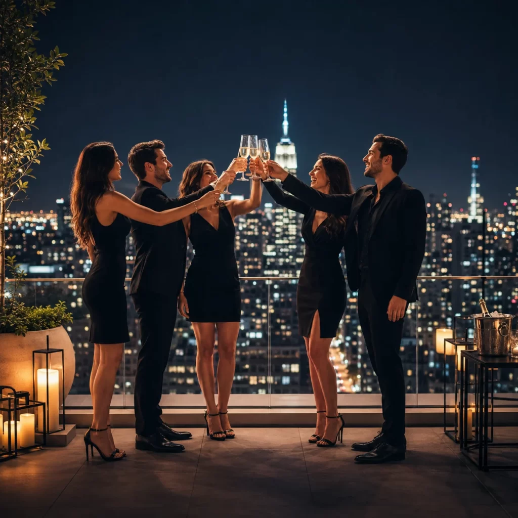 Nighttime NYC rooftop party with friends raising glasses, neon pink and purple lighting, and the Manhattan skyline glowing beneath them.