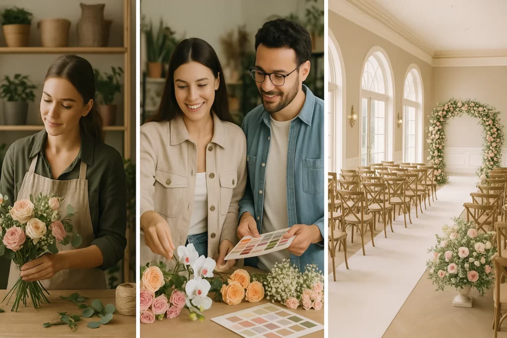 Wedding florist preparing floral arrangements