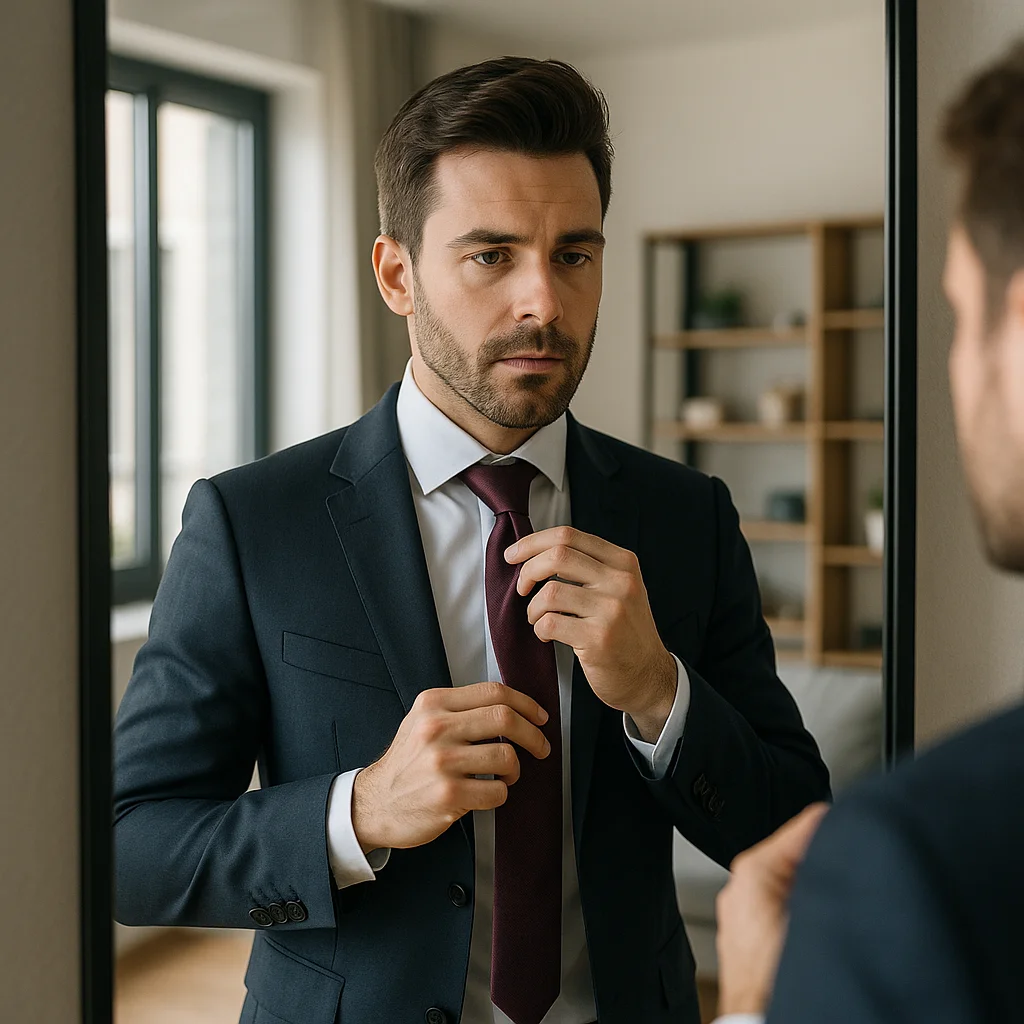 A man in a navy suit stands in front of a mirror, carefully tying a Four-in-Hand knot. The setting is a modern apartment with warm natural light.