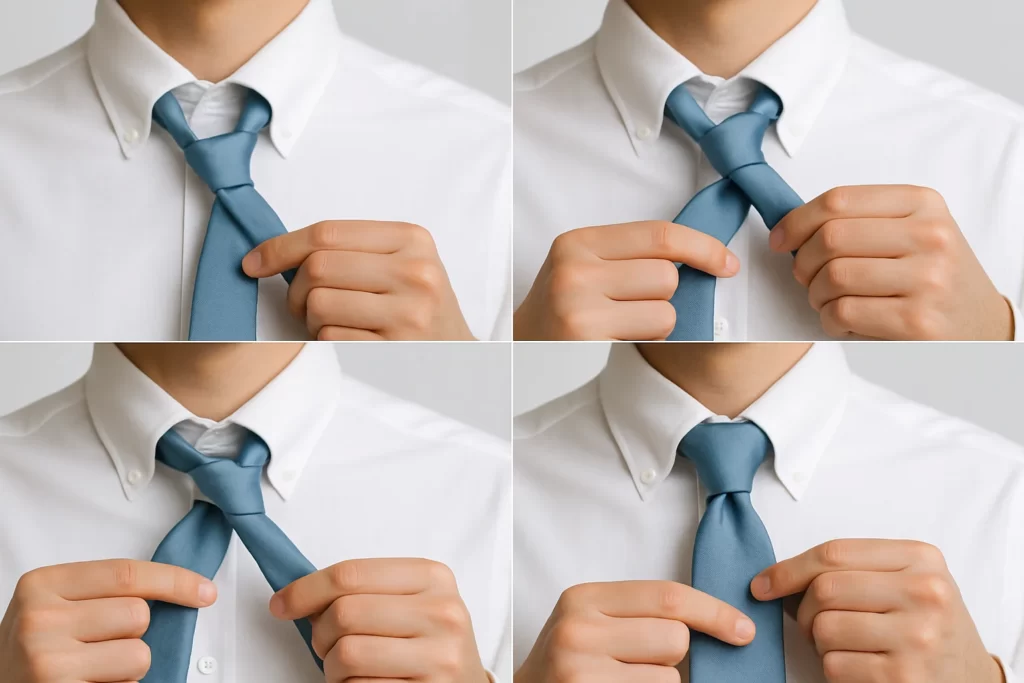 A step-by-step visual guide shows hands tying a Half Windsor knot on a white shirt, with each step clearly framed on a clean, white background.