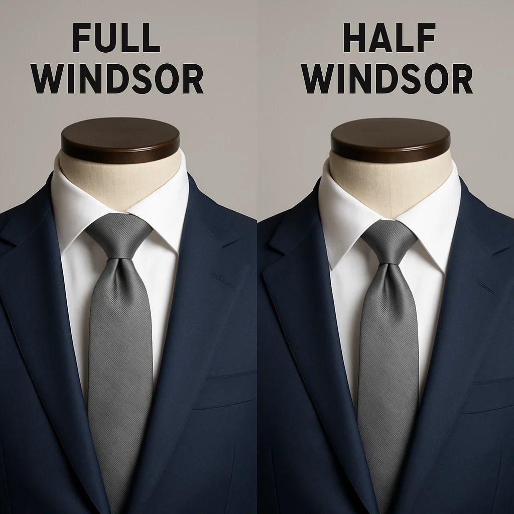 Two mannequins display a Full Windsor knot with a spread collar and a Half Windsor knot with a point collar, side by side under studio lighting.