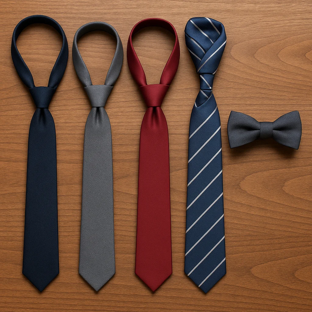 Five neckties, each tied in a different style, are neatly arranged on a wooden surface in a flat lay composition.
