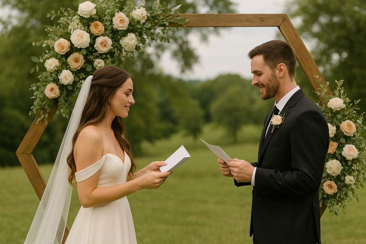 Bride and groom exchanging emotional wedding vows during their ceremony.