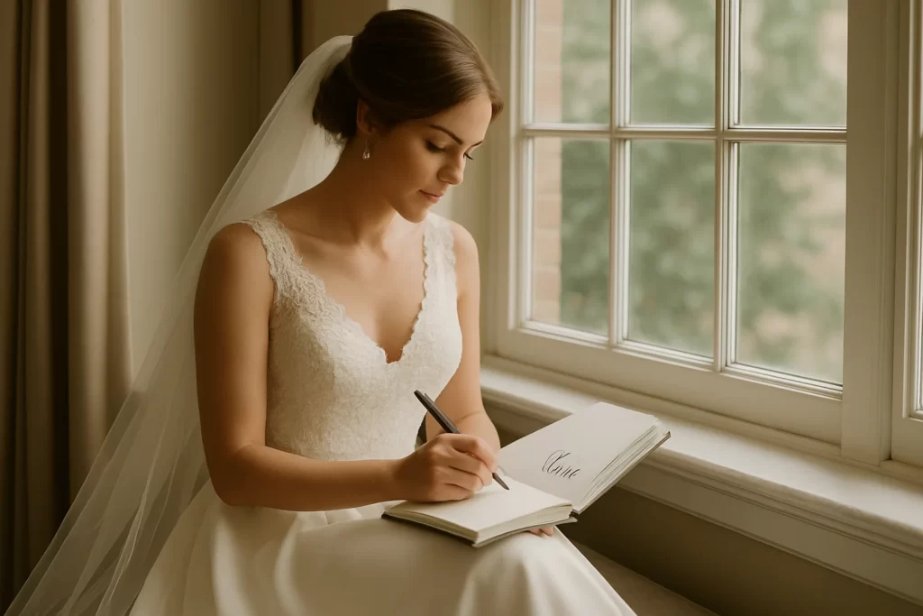 Bride writing her vows for the wedding day with pen and paper.