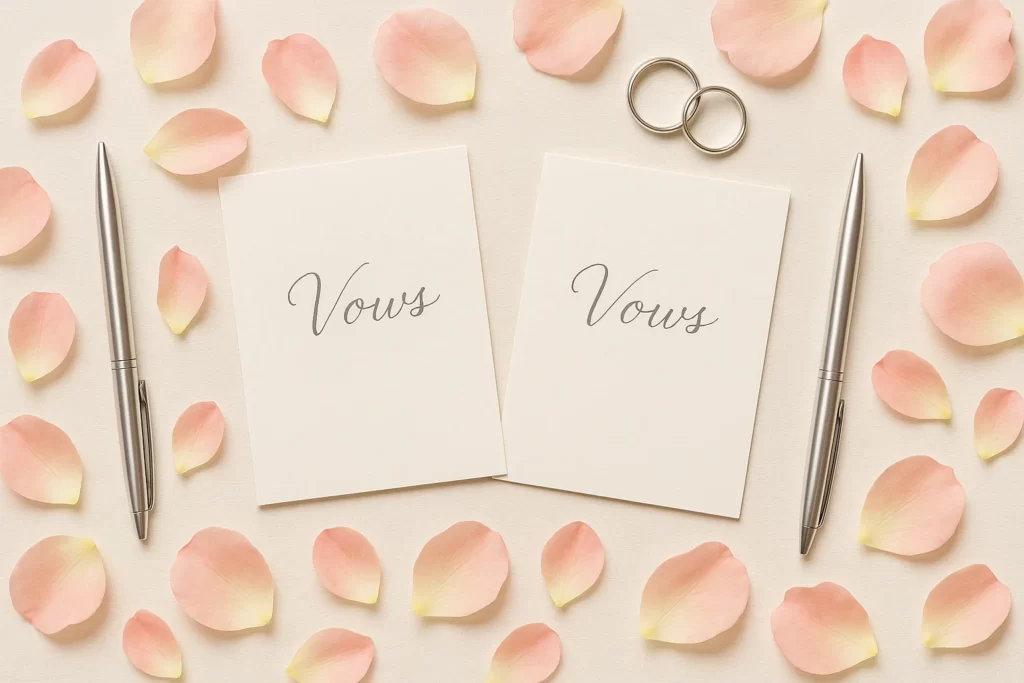 Wedding vow outline and inspiration cards surrounded by flowers.
