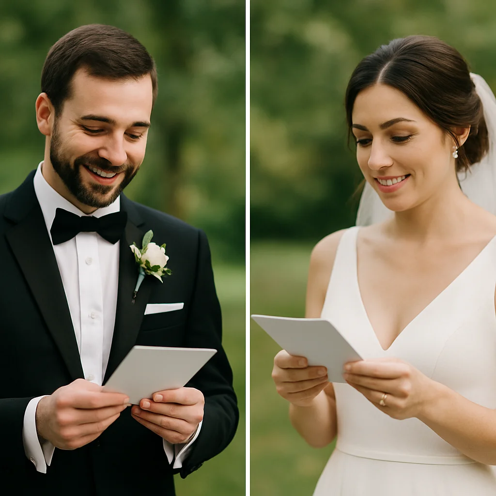 Bride and groom sharing personal wedding vows during ceremony.