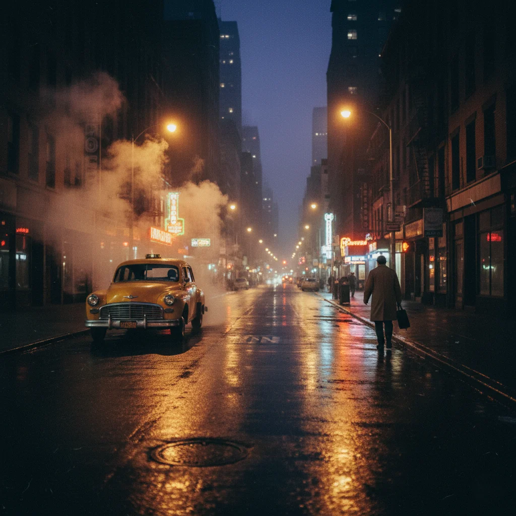 Cinematic nighttime New York street with glowing streetlights, reflections on wet pavement, rising steam, and a yellow taxi beside a silhouetted figure walking