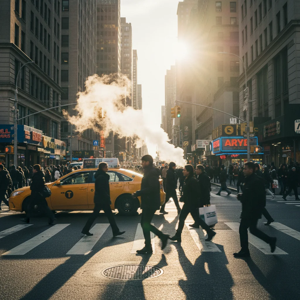 Playful NYC street scene at golden hour with a yellow taxi on the left, warm sunlight pouring between tall buildings, steam rising from a street vent, and people walking through a busy crosswalk.