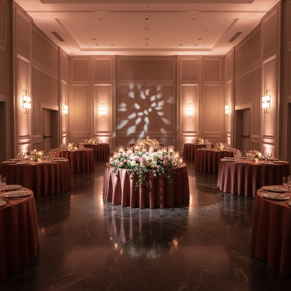Holiday Inn Greenbelt contemporary ballroom with rose-gold bridal shower lighting and table setup.