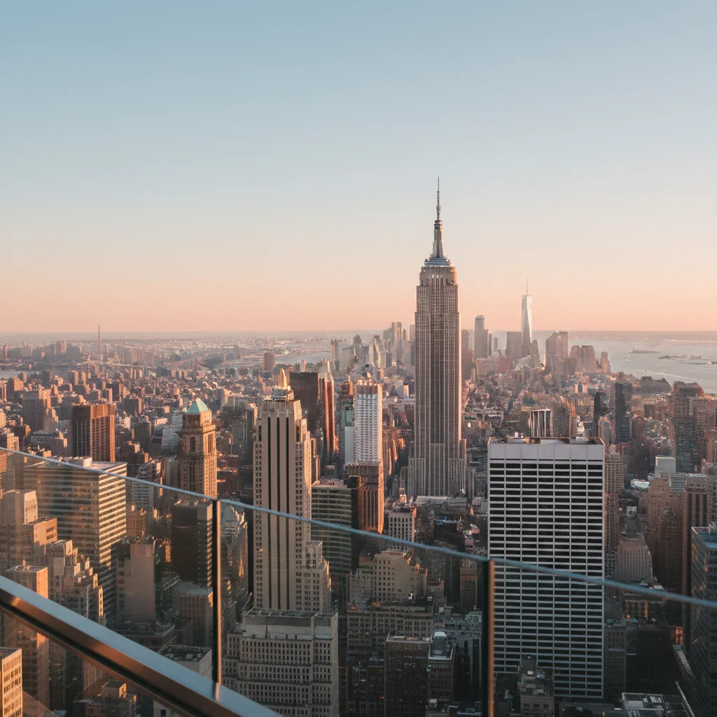 Sunrise view from the Top of the Rock with the Empire State Building glowing in warm golden light and the Manhattan skyline stretching into the distance.