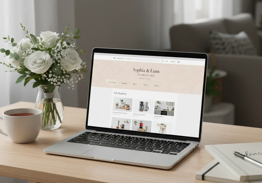 Wedding website and gift registry displayed on a laptop.