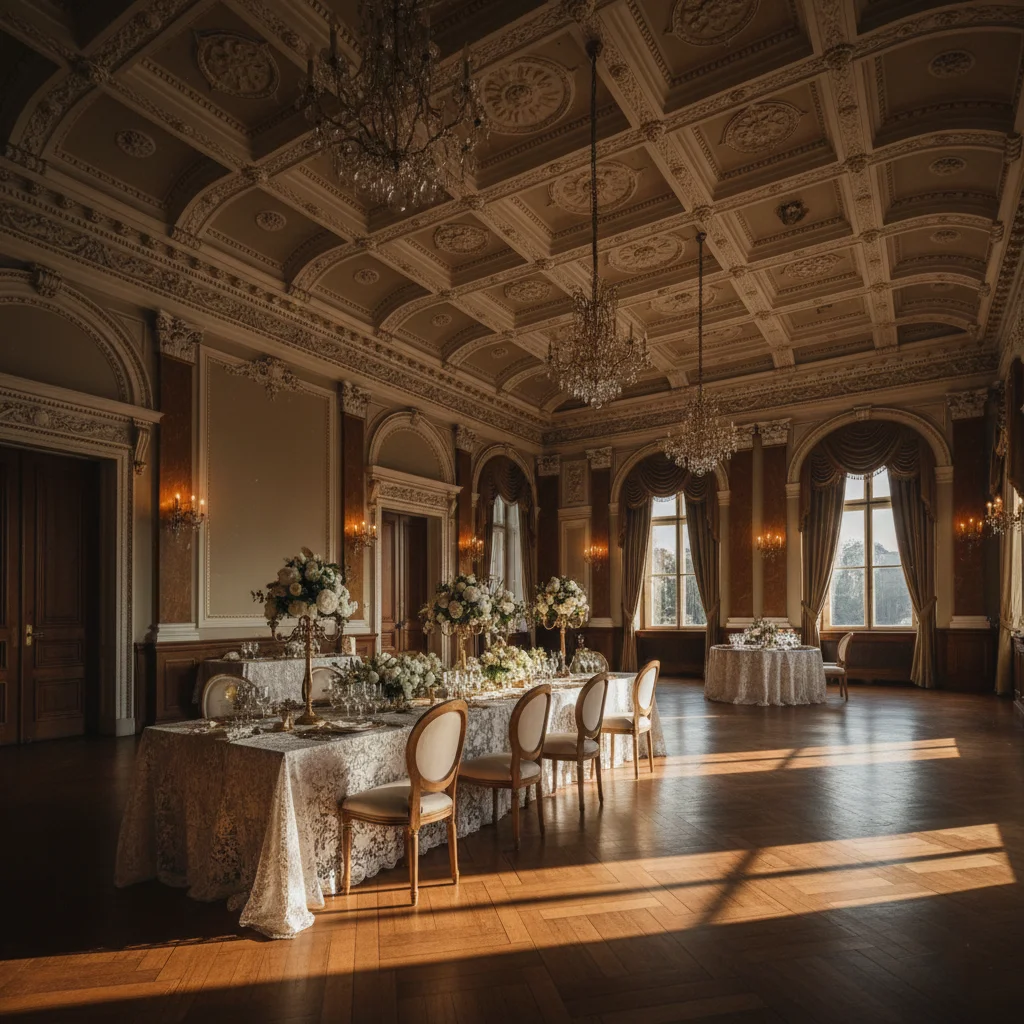 “Lord Baltimore Hotel historic ballroom with vintage bridal shower décor and gold accents.”