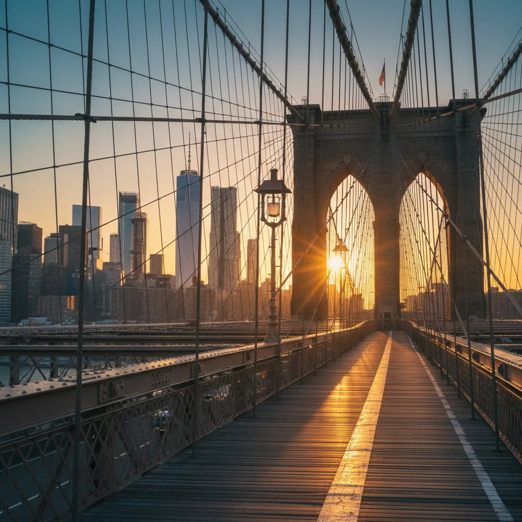 Golden-hour view from the Brooklyn Bridge walkway with warm light on the arches and cables, and the Manhattan skyline glowing softly in the background.