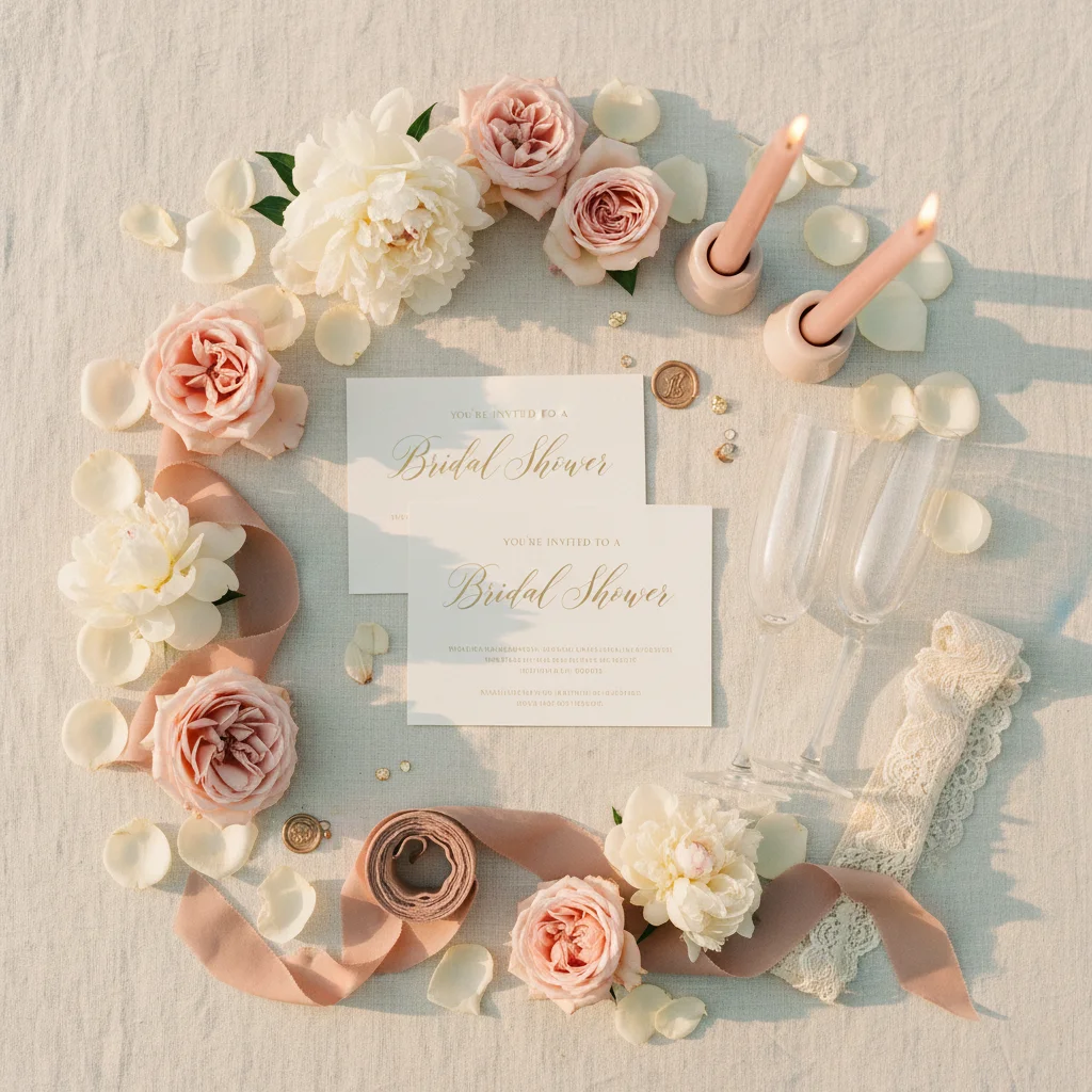 Flat-lay bridal shower décor with florals, stationery, and champagne arranged in soft blush tones.
