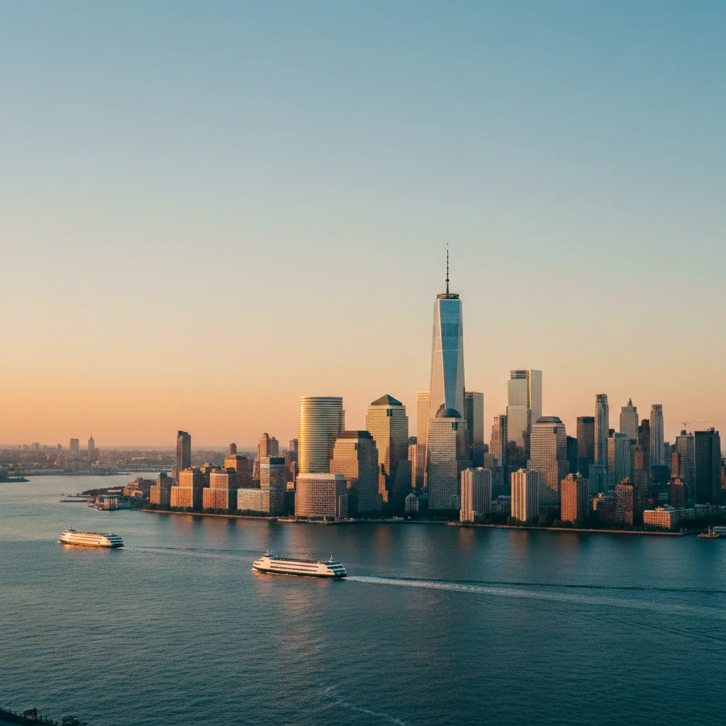 Golden-hour NYC skyline with One World Trade Center off-center, warm sunlight on buildings, teal shadows, and two boats crossing the Hudson with clear negative space in the upper-left.