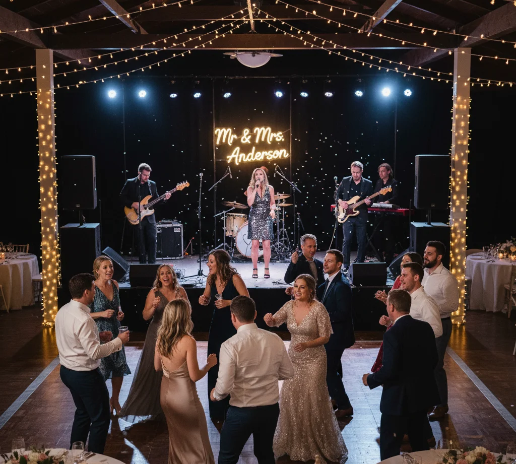 Wedding DJ entertaining guests during reception.
