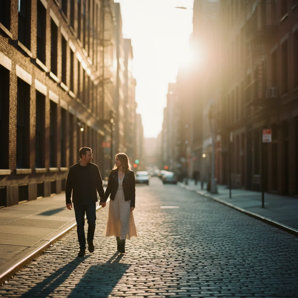 Couple walking hand-in-hand at golden hour on a New York street with warm sunlight and softly blurred buildings behind them.