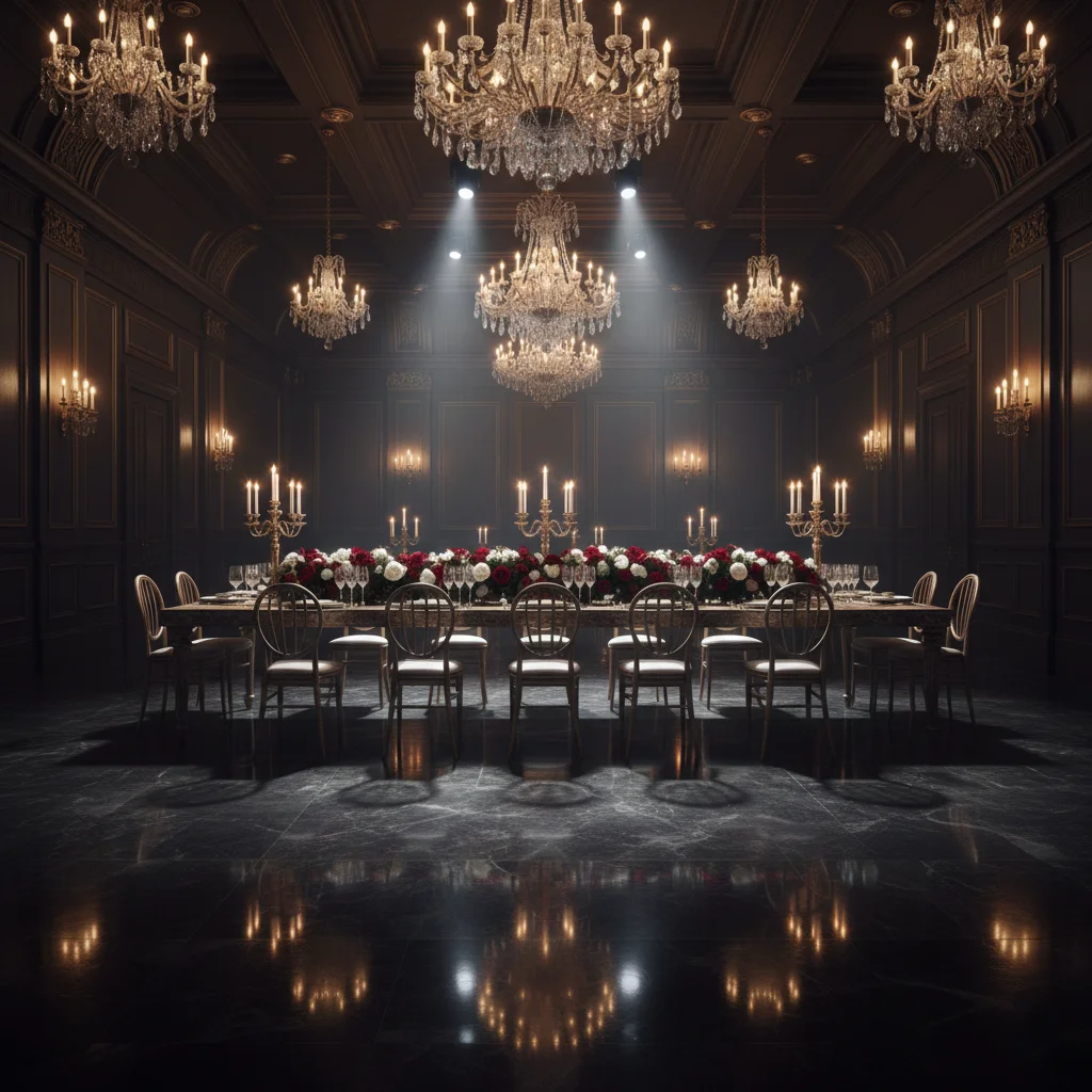 DoubleTree Columbia grand ballroom with chandeliers and elegant bridal shower banquet setup.