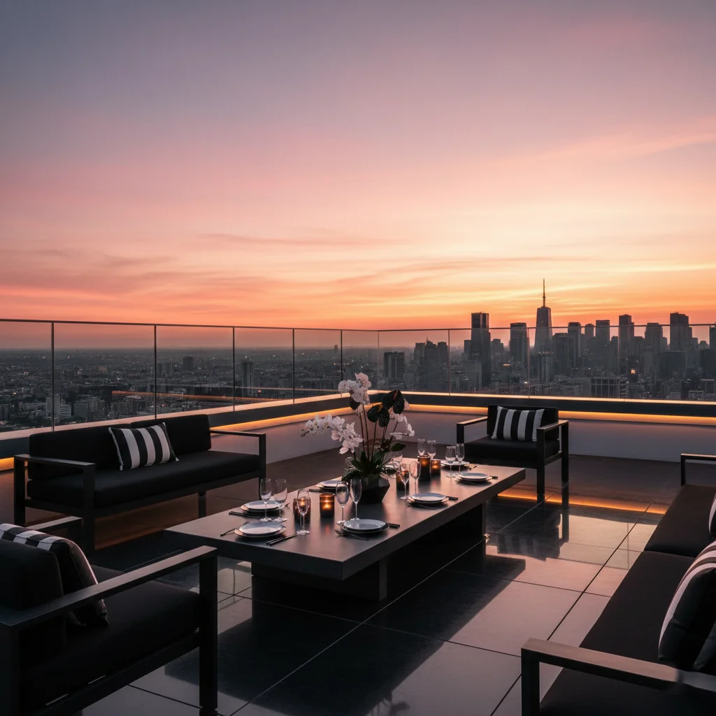 Viceroy Washington DC rooftop bridal shower setup with sunset skyline views and modern décor.