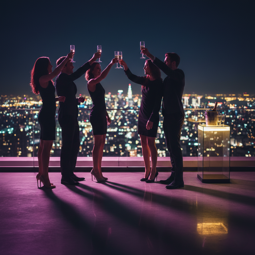Nighttime NYC rooftop party with friends raising glasses, neon pink and purple lighting, and the Manhattan skyline glowing beneath them.