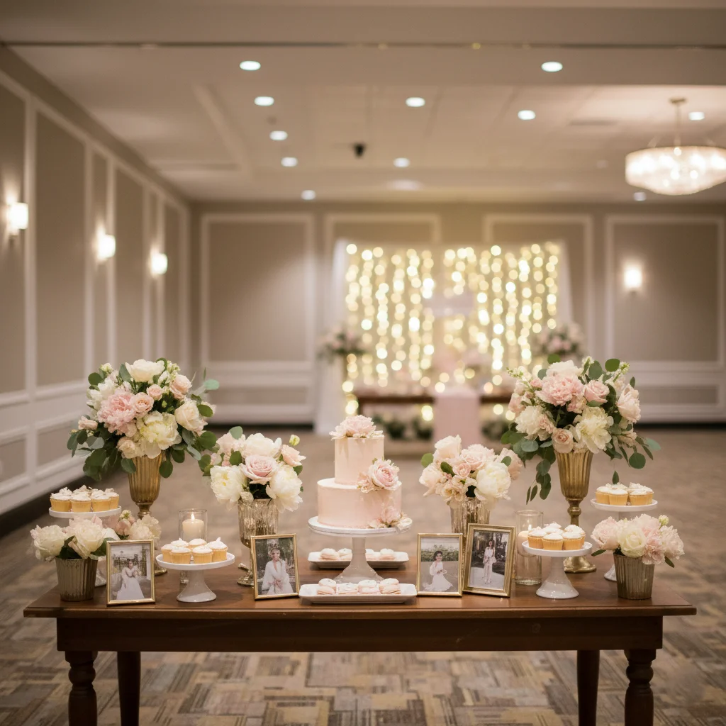 Holiday Inn Columbia East–Jessup ballroom with blush bridal shower décor and warm lighting.