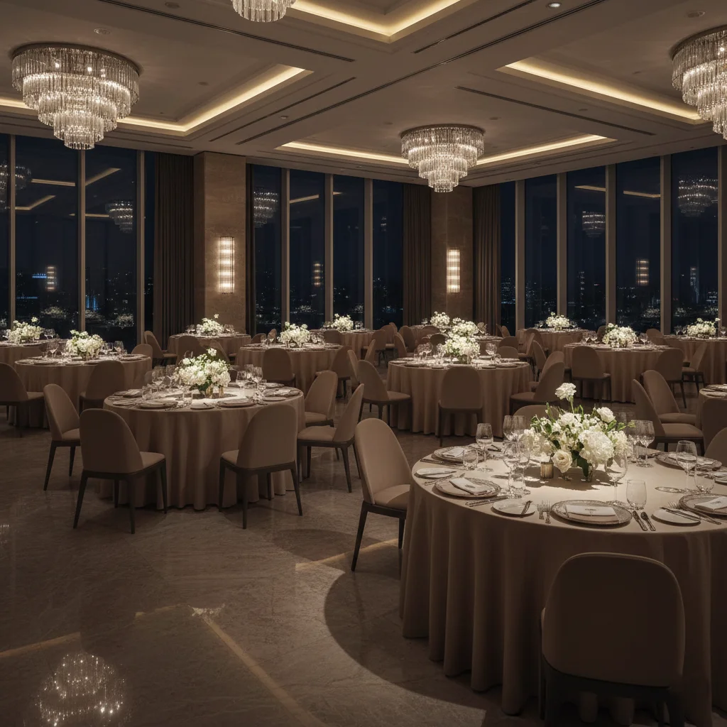Westin BWI Airport luxury ballroom set up for a bridal shower with gold lighting and elegant décor.