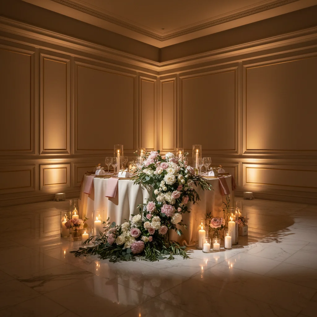 Hilton Garden Inn Columbia elegant event space decorated for a bridal shower with gold accents.