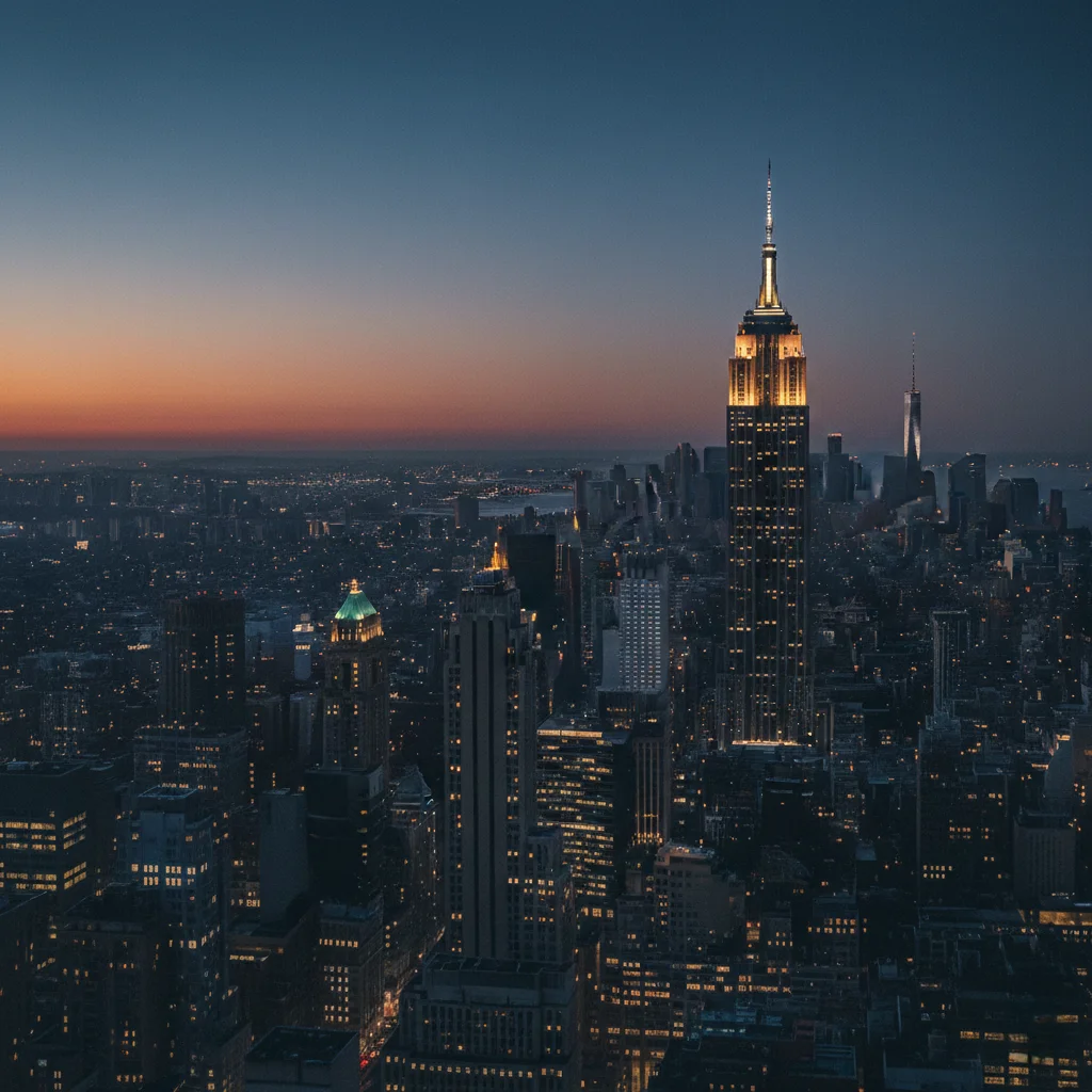 Aerial blue-hour view of Midtown Manhattan with the Empire State Building off-center, glowing city lights, cool blue-purple sky, and clean negative space for text.