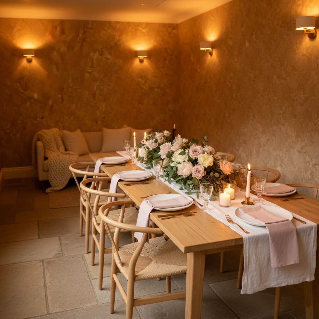 Cozy Country Inn & Suites Washington DC East bridal shower room with amber lighting and florals.