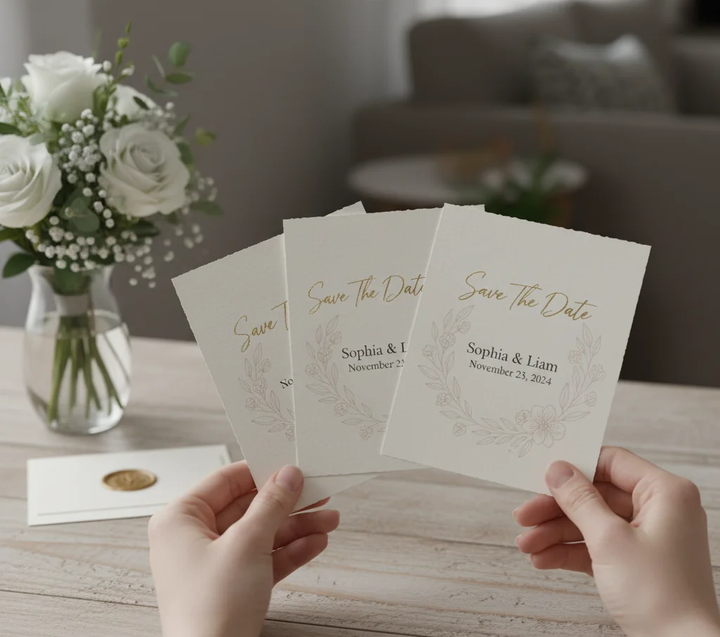 Couple holding save-the-date cards for wedding guests.