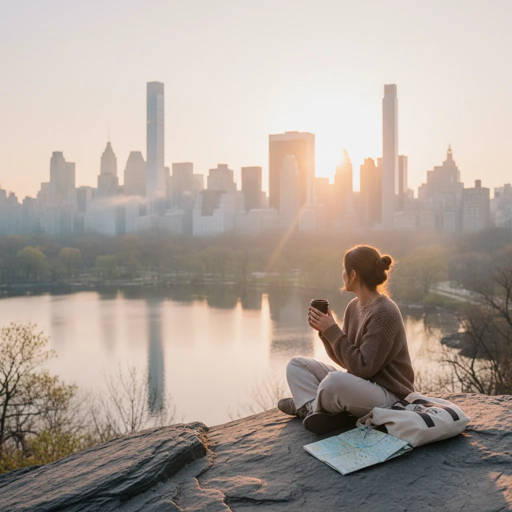 Sunrise view of the Manhattan skyline from Central Park with warm golden light, a traveler sitting on a ledge holding a coffee, and soft mist rising from the reservoir.
