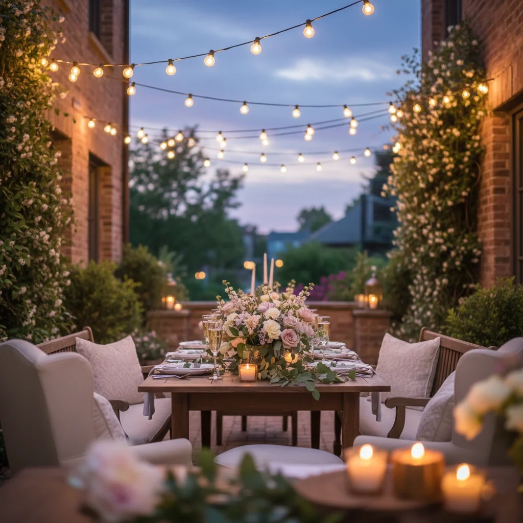 Courtyard New Carrollton Landover outdoor courtyard with string lights and bridal shower table.