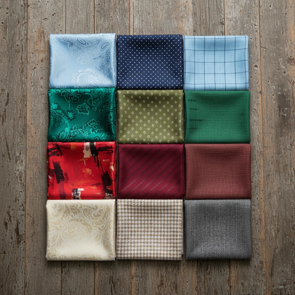 Different fabrics and patterns of pocket squares displayed flat