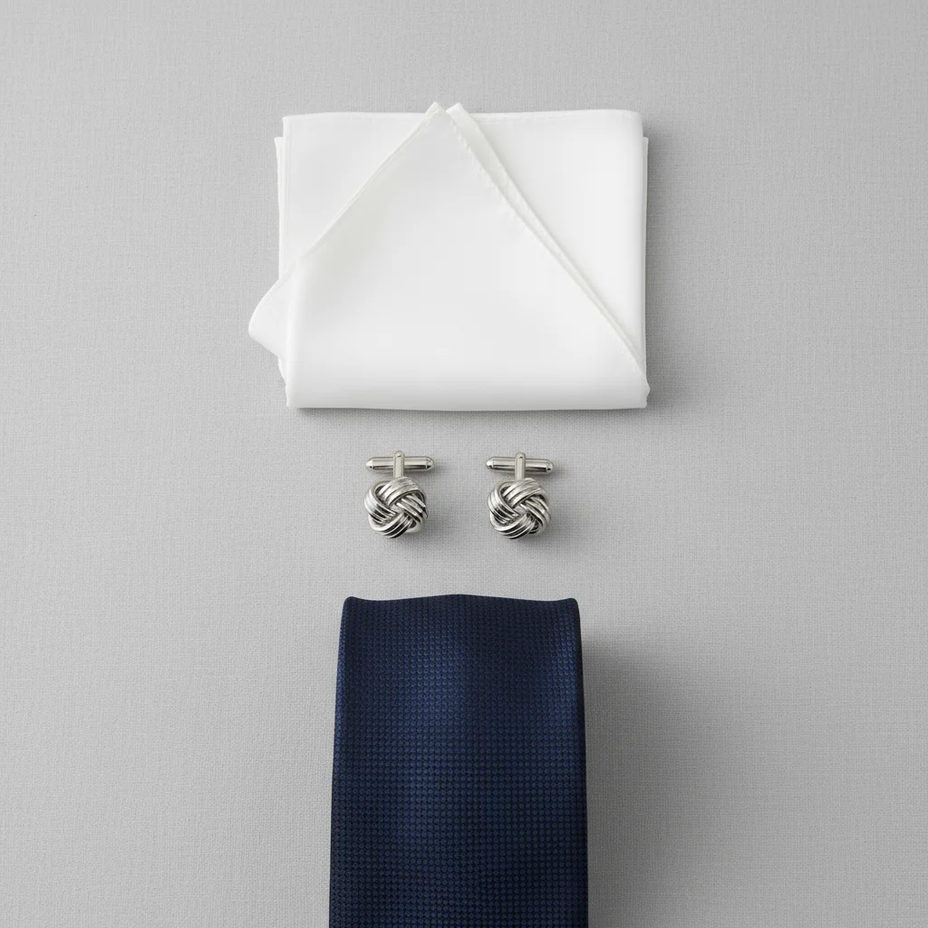 Pocket square and men’s accessories flat lay