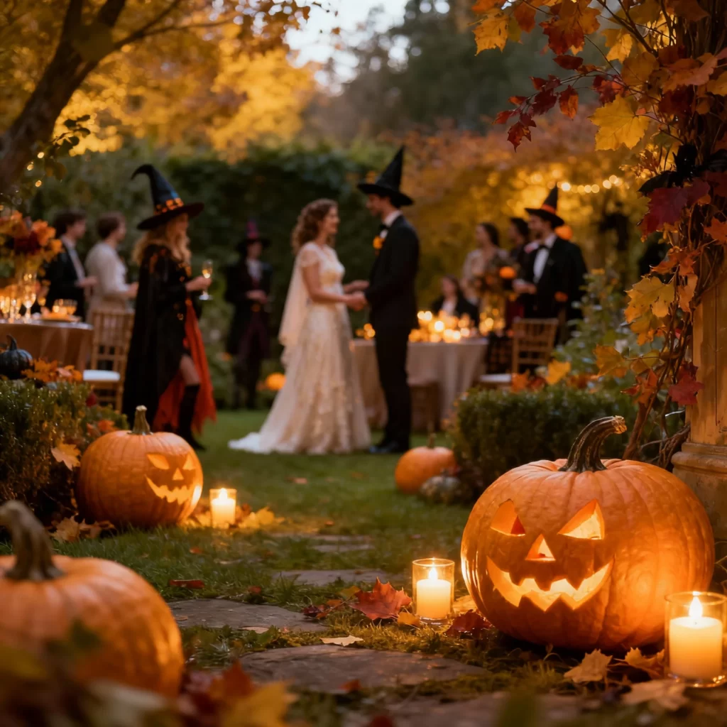 A cozy, romantic Halloween engagement party setup with pumpkins, candles, fairy lights, and guests in costumes.