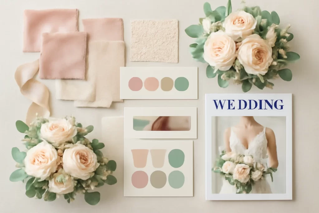 Wedding mood board with colors, flowers, and decor ideas for inspiration.
