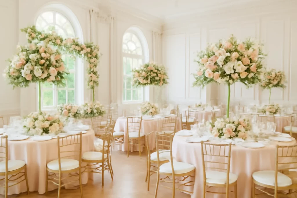 Elegant wedding venue with tables and floral arrangements ready for ceremony.