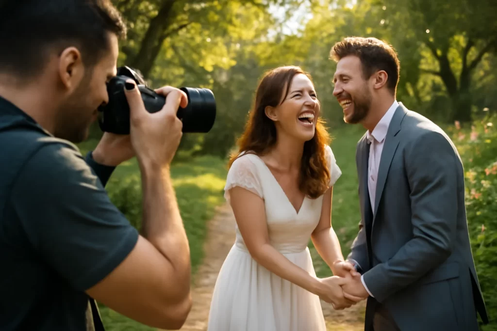 Wedding photographer capturing engagement photos outdoors.