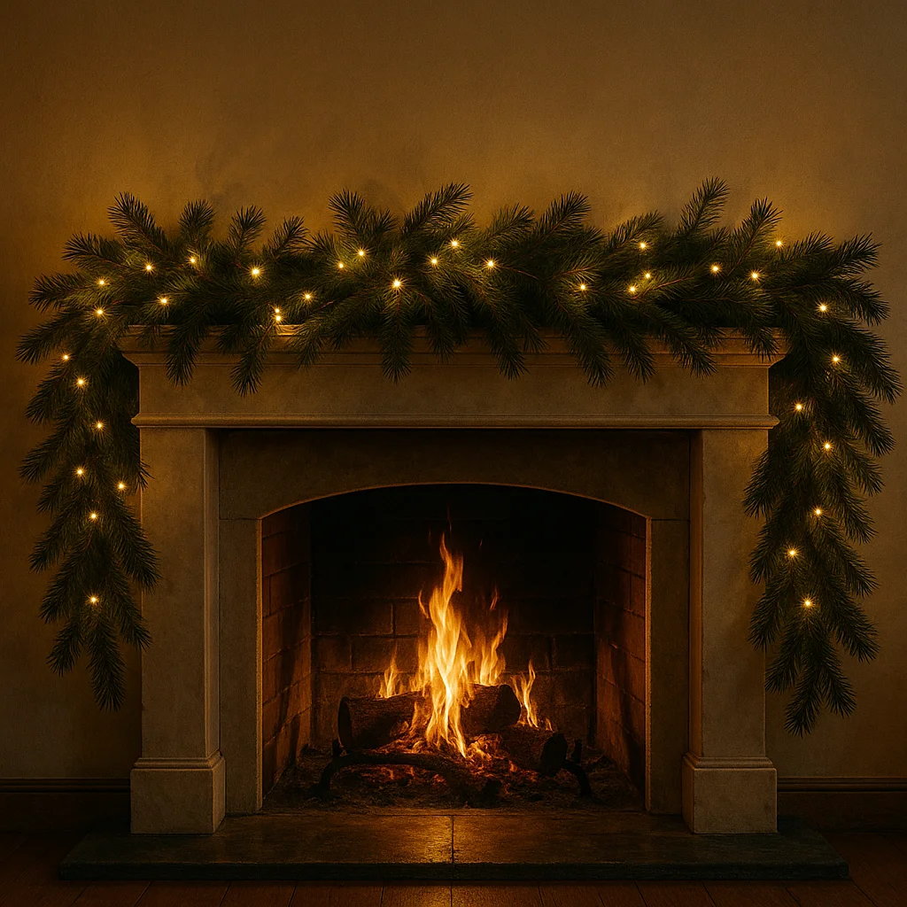 Winter wedding fireplace decor with candles and greenery.