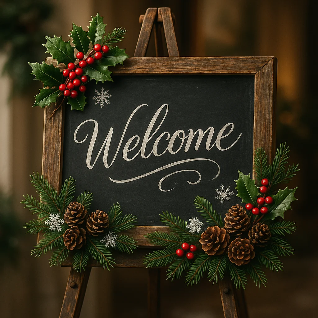 Winter wedding signage with seasonal message.